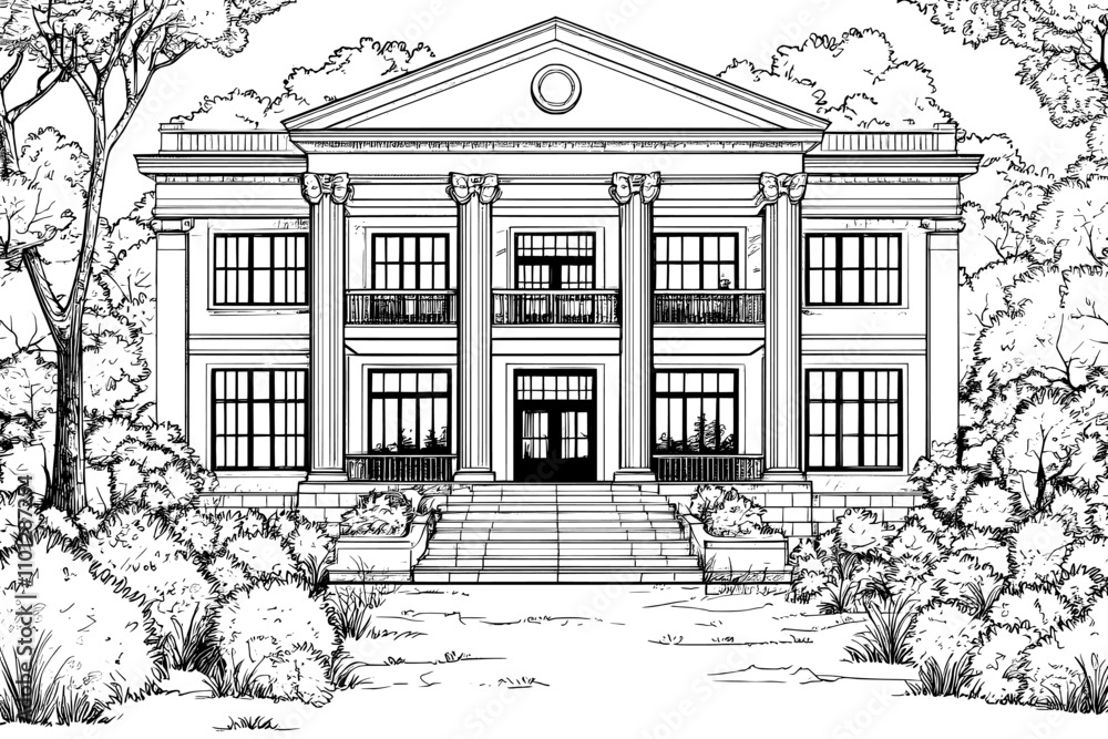 Fototapeta premium A modern, minimalist illustration of a second-story elementary school building, depicted in a single continuous line, capturing the essence of back-to-school education.