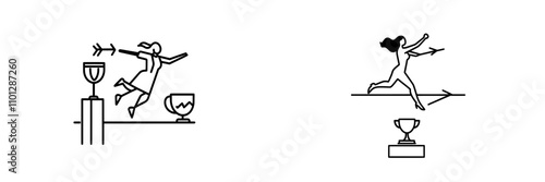 A trendy, modern graphic illustration of a young, handsome male worker pole vaulting towards a trophy in a continuous one-line drawing. This minimalist concept symbolizes a successful business