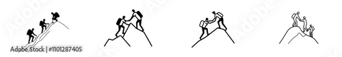 A single continuous line drawing depicts two male hikers aiding each other at the mountain peak, symbolizing teamwork, trust, and assistance. This modern illustration represents the concept of