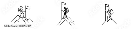 A modern illustration featuring a single unbroken line shows a woman climber atop a mountain, flag in hand. A young, joyful mountaineer is also depicted climbing a rock. This graphic captures the