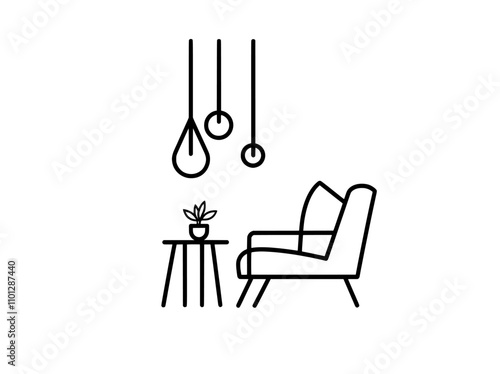 A single-line drawing featuring a Scandinavian armchair and table with a monstera leaf in a vase, along with hanging pendant loft lamps. The doodle presents modern furniture in a simple linear style.