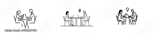 A continuous line drawing shows a woman journalist conducting an interview with a man at his desk, complete with a microphone and conversation, symbolizing social media and communication through a