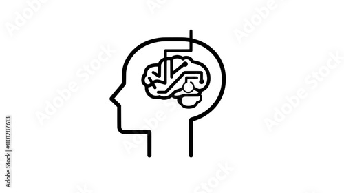 A contemporary doodle illustration with a continuous one-line drawing of a person's head and brain connected by a plug, conveying the concept of burnout syndrome and work-related fatigue in a simple