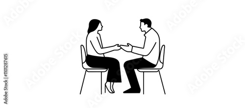 A contemporary, simple line composition illustrating a job interview with a recruiter and a candidate. A single continuous line drawing shows two women talking at a table.