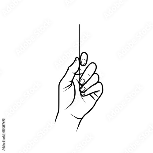 A needle in hand produces a continuous line drawing, ideal for tattoos, clothing prints, and logo designs, depicting a silhouette in a single line on a white background as a modern, isolated