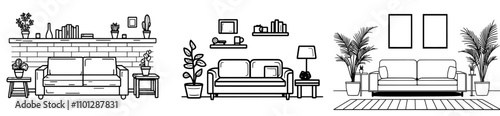 A single continuous line drawing of modern bedroom furniture. A sketch of a room with a line drawing. A modern illustration of home indoor design.