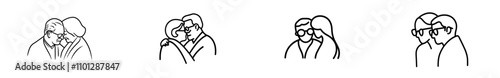 A single continuous line drawing of a happy elderly couple, depicting a romantic old grandfather and grandmother, isolated on a white background.