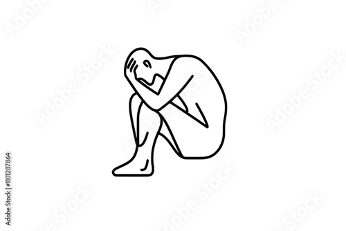 A modern illustration with a single continuous line depicts a businessman sitting on the floor, holding his head, and looking sad and depressed. This design portrays a frustrated worker struggling