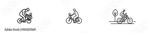 A modern illustration of a father instructing his son on how to ride a bicycle, using a single continuous line.