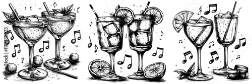 A black and white, continuous line drawing featuring a wine glass and celebratory symbols, symbolizing the New Year.