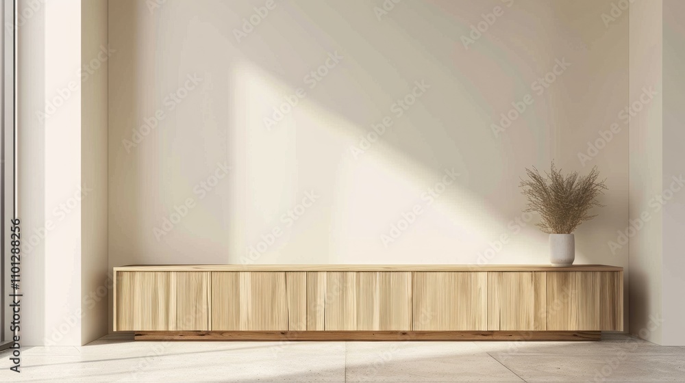Fototapeta premium Minimalist Interior Design with Wooden Cabinet and Sunlight