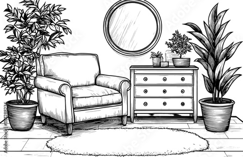 A single continuous line drawing of an armchair and dresser, depicting a stylish office interior with a chair and a home plant, showcasing a modern hand-drawn illustration of Scandinavian furniture