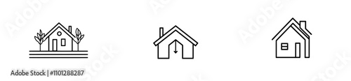 A single line art drawing of a cottage building, styled as a continuous thin line in a modern home illustration.