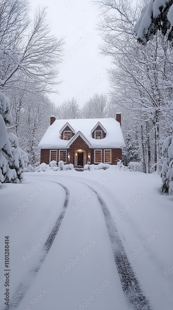 Suburban home in a snowstorm with a heated driveway visible as clear blacktop, and an overhang at the entrance providing shelter. Suburban home in a snowstorm with a heated driveway visible as clear blacktop, and an overhang at the entrance providing shelter.