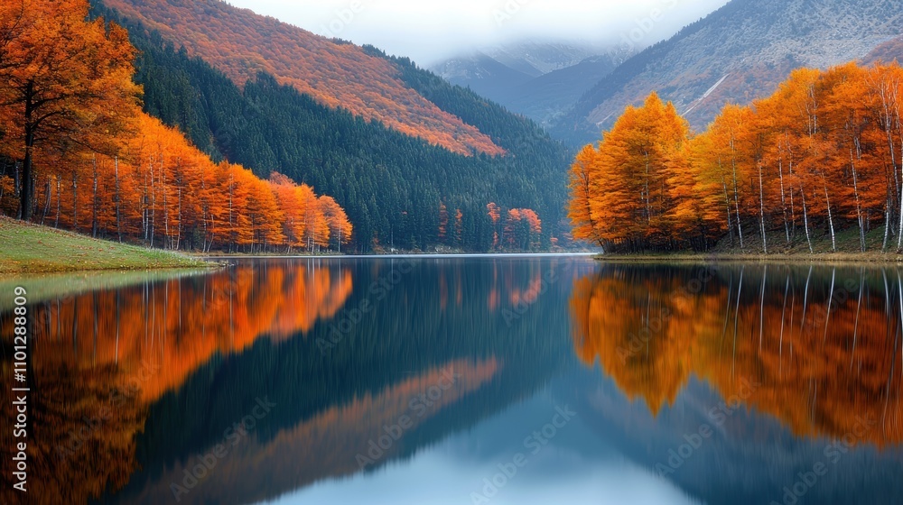 Fototapeta premium A tranquil lake reflecting the fiery colors of the surrounding autumn foliage, creating a mirror like effect that doubles the visual impact.