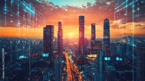 Wallpaper Mural Sunset cityscape with digital network overlay. Torontodigital.ca