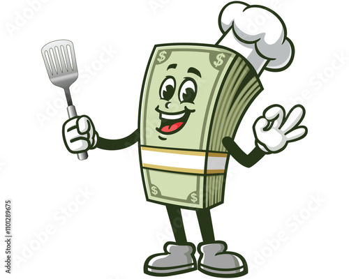 Money Cash holding a spatula and wearing a chef's hat,  Cartoon Character Mascot Illustration Vector Clip-art Hand-drawn Logo Design