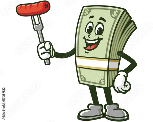 Money Cash with sausage,  Cartoon Character Mascot Illustration Vector Clip-art Hand-drawn Logo Design
