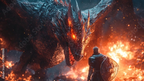 A powerful fantasy image of a knight facing a massive, fire-breathing dragon amidst a fiery landscape. The knight holds a shield as flames engulf the surroundings. AI generated.