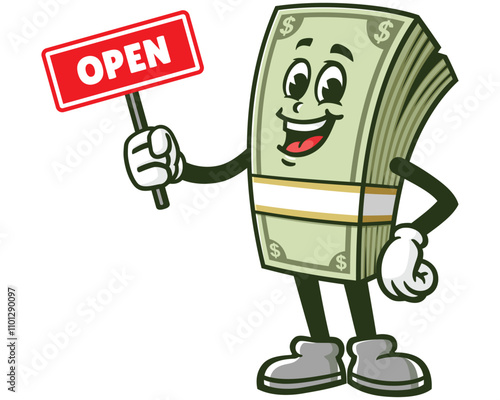 Money Cash with open sign,  Cartoon Character Mascot Illustration Vector Clip-art Hand-drawn Logo Design
