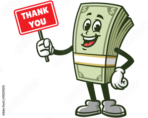 Money Cash with thank you sign,   Cartoon Character Mascot Illustration Vector Clip-art Hand-drawn Logo Design