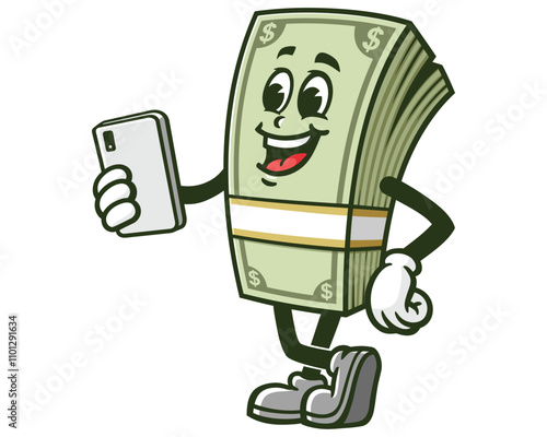 Money Cash with gadget,  Cartoon Character Mascot Illustration Vector Clip-art Hand-drawn Logo Design