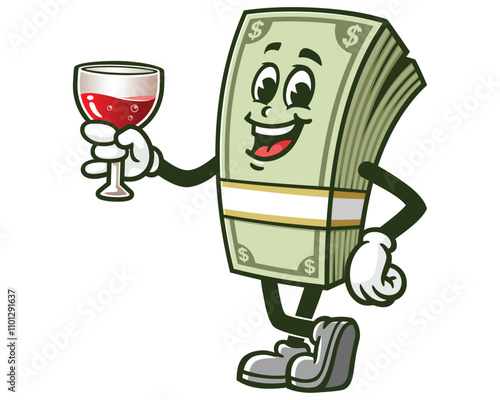 Money Cash with a glass of drink,  Cartoon Character Mascot Illustration Vector Clip-art Hand-drawn Logo Design