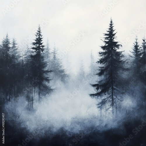 Misty Forest: A Tranquil Landscape of Coniferous Trees in Fog