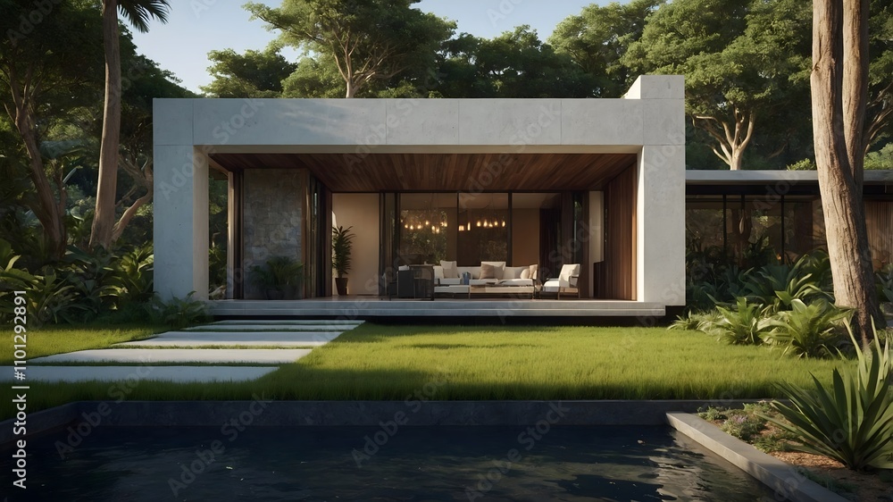 Fototapeta premium AI-generated Modern Luxury Hotel-Style House with USA-Inspired Interiors – Stunning Exterior Perspective, Earthy Materials, and Dynamic Design in Natural Settings, Perfect Blend of Innovation, Eleganc