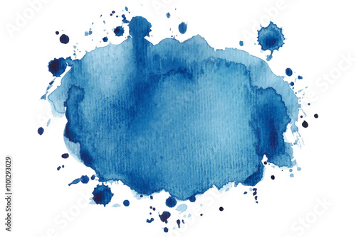 Blue Abstract Watercolor Splatter Isolated on White Background. Hand painted aquarelle splash with drops stains