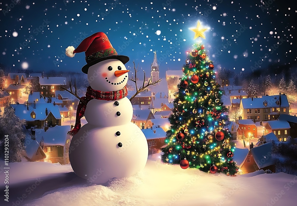 Naklejka premium Snowperson and a Christmas Tree