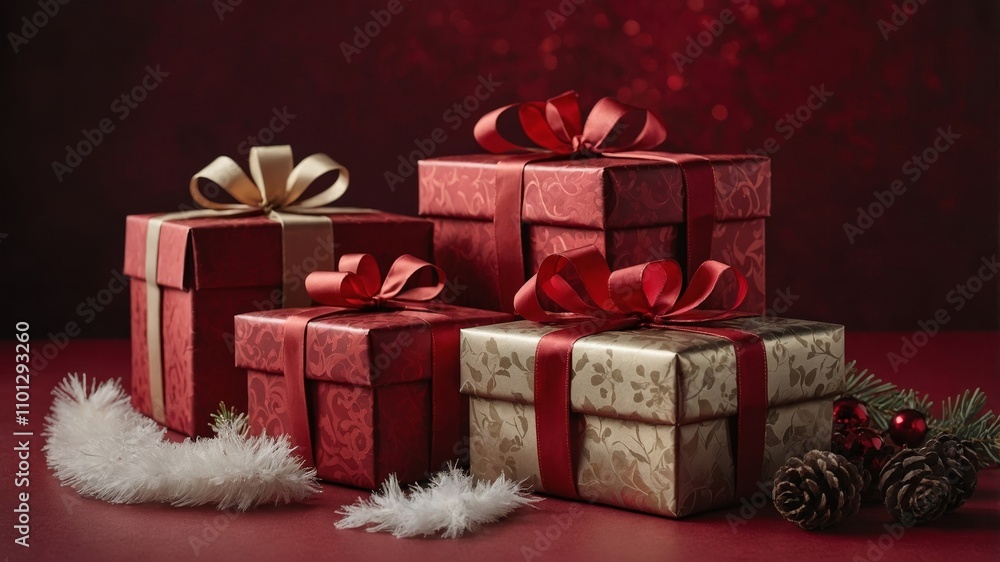 Obraz premium Elegant gift boxes and decor on red background
