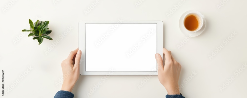 A minimalistic workspace scene featuring hands holding a blank tablet for a copy space, a small plant, and a cup of tea, emphasizing a clean and organized aesthetic