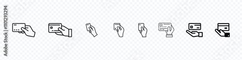hand holding linear credit card. Credit card payment icon, Hand holding credit bank card. Online shopping service and paying concept.