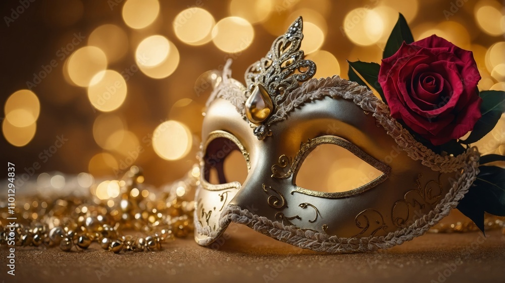 Elegant venetian mask on golden bokeh backdrop Elegant venetian mask on golden bokeh backdrop