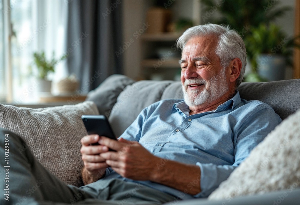 A man is sitting on a couch and smiling while holding a cell phone A man is sitting on a couch and smiling while holding a cell phone