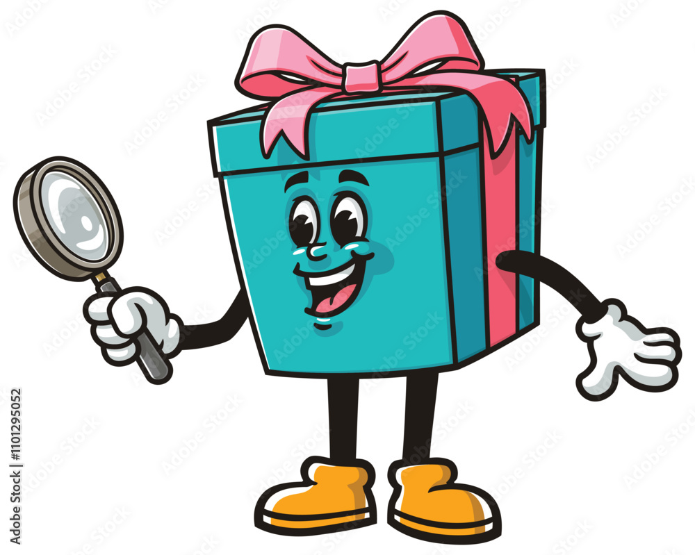 Gift Box with magnifying glass, Cartoon Character Mascot Illustration Vector Clip-art Hand-drawn Logo Design Gift Box with magnifying glass, Cartoon Character Mascot Illustration Vector Clip-art Hand-drawn Logo Design
