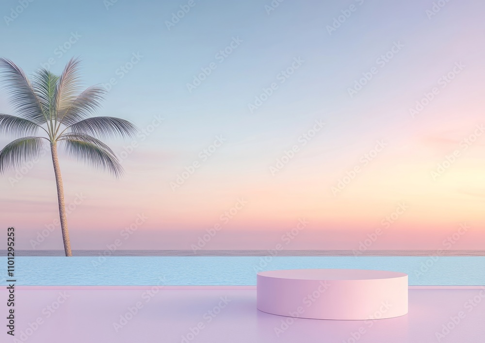 Obraz premium Pastel Sunset Beach Pool Scene with Display Platform