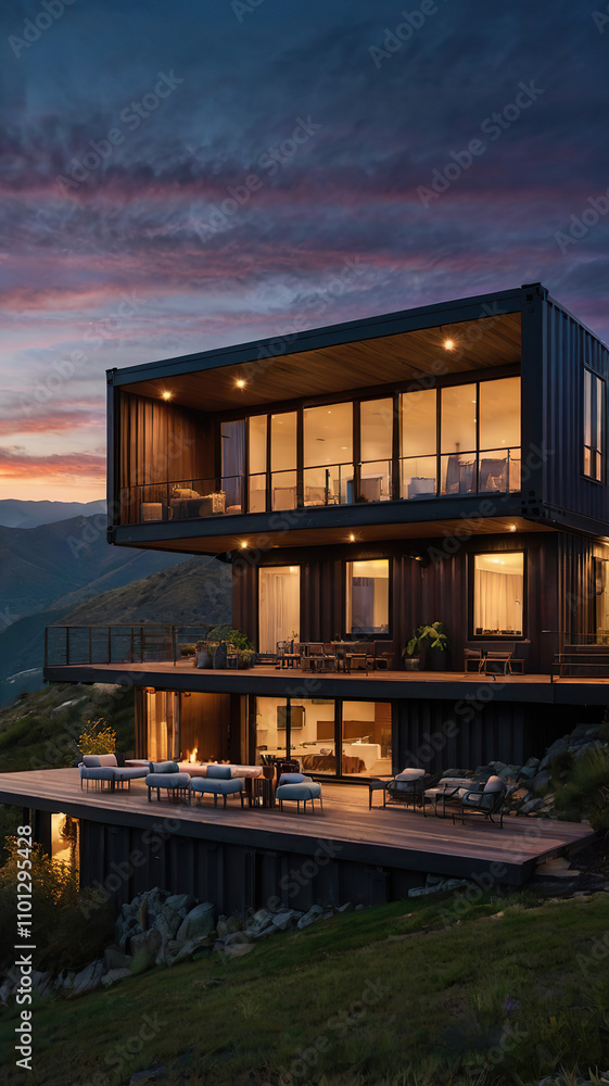 Fototapeta premium Modern Luxury Container Villa with Dramatic Sky Backdrop