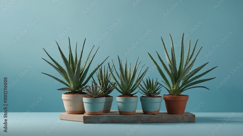 Fototapeta premium Empty surface with aloe plants on pastel blue