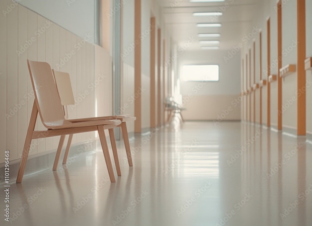 Fototapeta premium Empty Hospital Corridor with Wooden Chairs