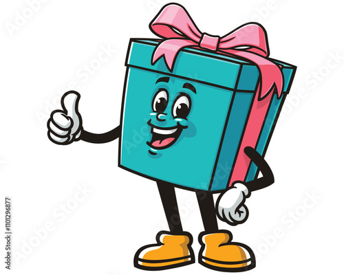 Gift Box with thumb up pose,  Cartoon Character Mascot Illustration Vector Clip-art Hand-drawn Logo Design
