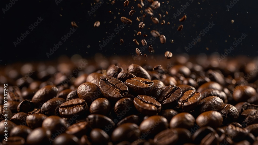 Falling coffee beans against dark background close up Falling coffee beans against dark background close up