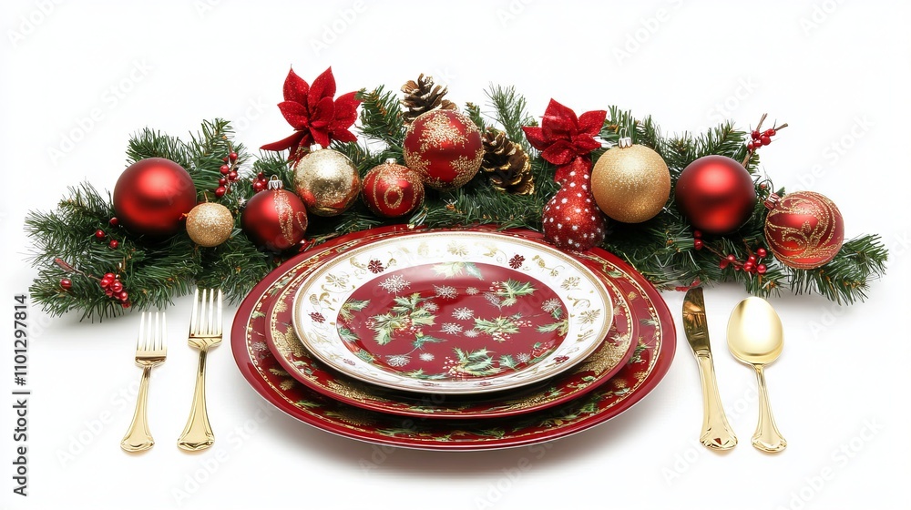 A Christmas table setting with a plate, cutlery, and festive decorations on a white background. A Christmas table setting with a plate, cutlery, and festive decorations on a white background.