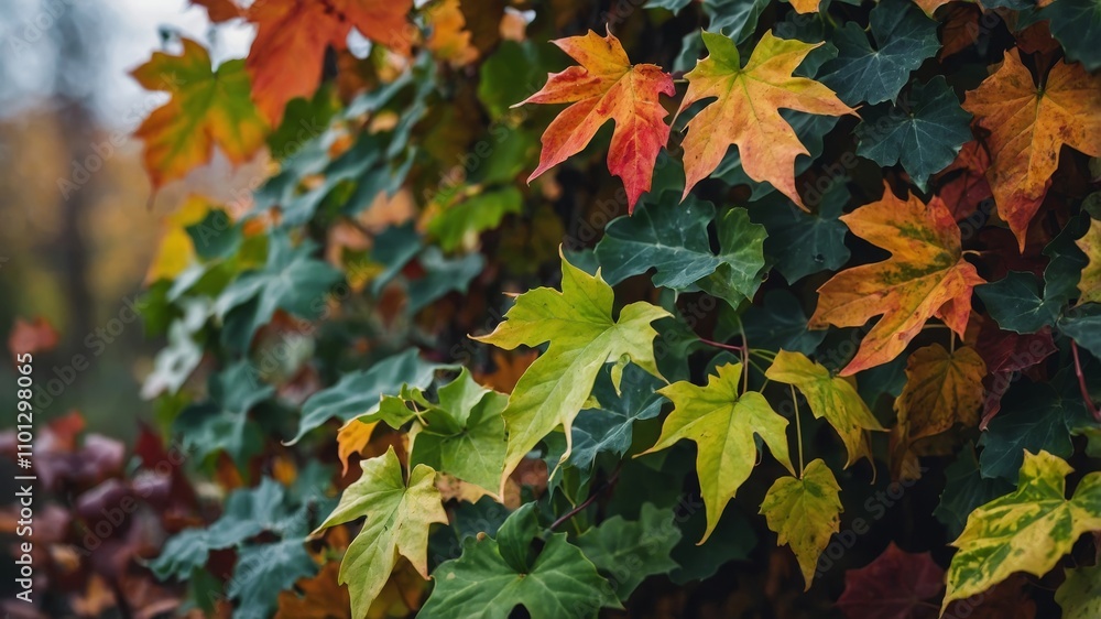 Fototapeta premium Five leaved ivy with autumn branch and leaves