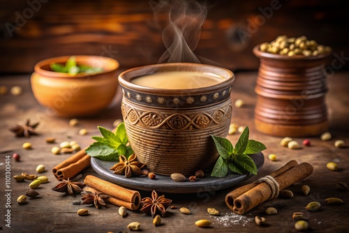 Aromatic Kulhad Chai: A Rich Blend of Indian Milk Tea with Herbs and Spices Served in a Traditional Brown Mud Cup Against a Dark Background for an Inviting Atmosphere photo