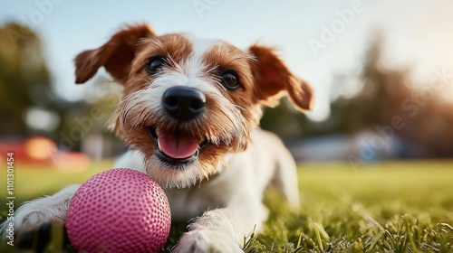 Playful dog enjoying time outdoors in a park playing with a pink ball on the grass during a sunny day.