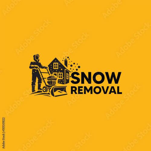 Illustration of a person using snow removal equipment in front of a house, symbolizing winter readiness and home maintenance. The bold design emphasizes the importance of efficient snow management.