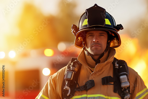 A firefighter in gear stands strong against flames, embodying dedication and bravery in training