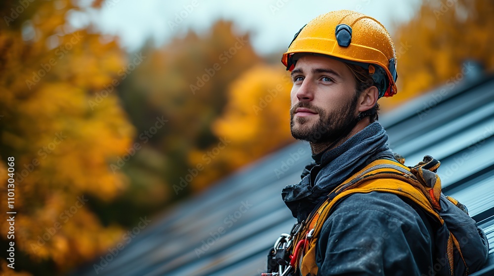 work at altitudes a roofer ascending to the summit of the roof while wearing a save harness and tool bel work at altitudes a roofer ascending to the summit of the roof while wearing a save harness and tool bel